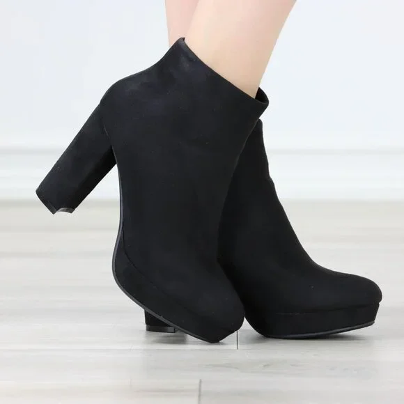 Black Faux Suede Platform High Heel Ankle Boots Zip Up - Picture 10 of 11